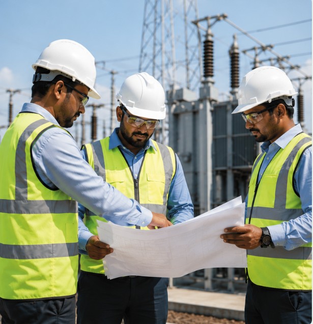 Engineers reviewing project plans at construction site